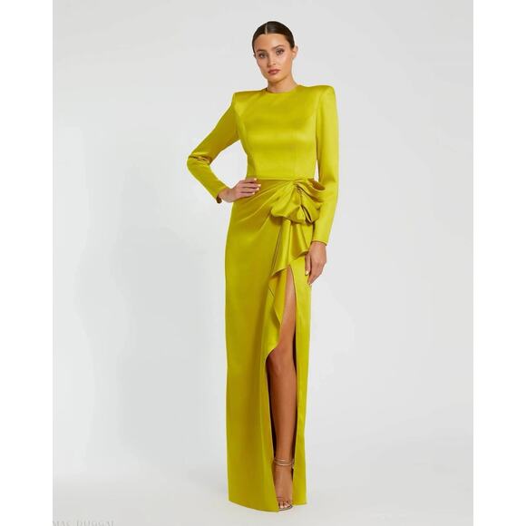 Mac Duggal Ieena 26676 Green Chartreuse Gown 14 Structured Bow Long Sleeve NWT - Picture 2 of 16